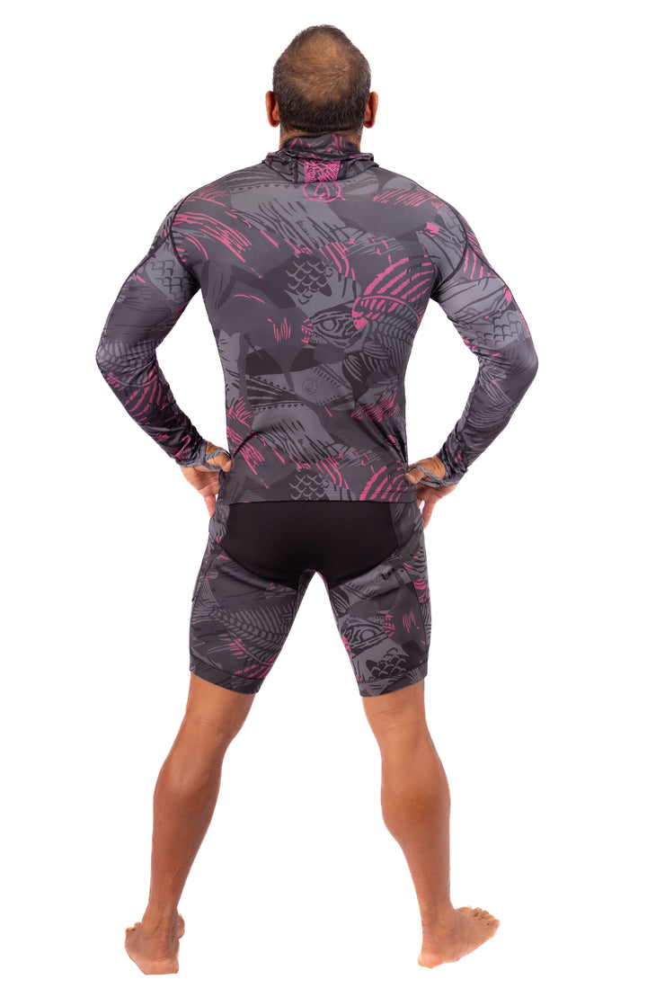 Rashguard de pesca submarina con capucha de espina de pescado rosa