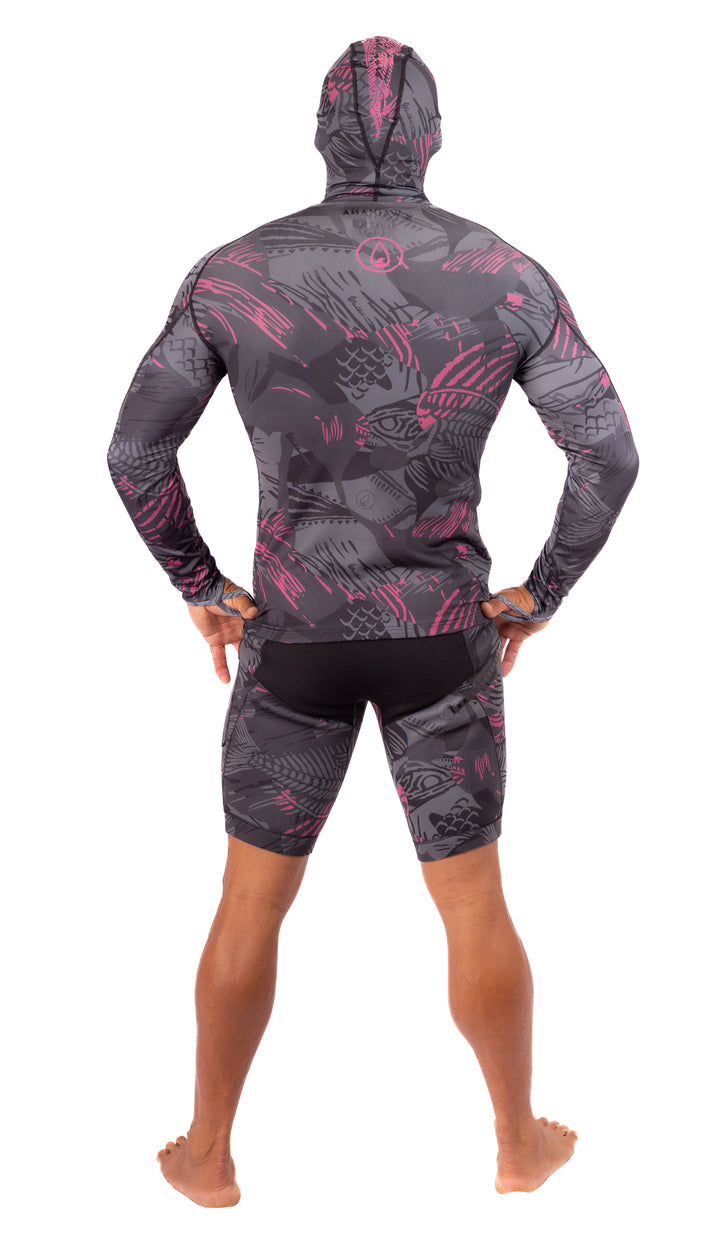 Rashguard de pesca submarina con capucha de espina de pescado rosa